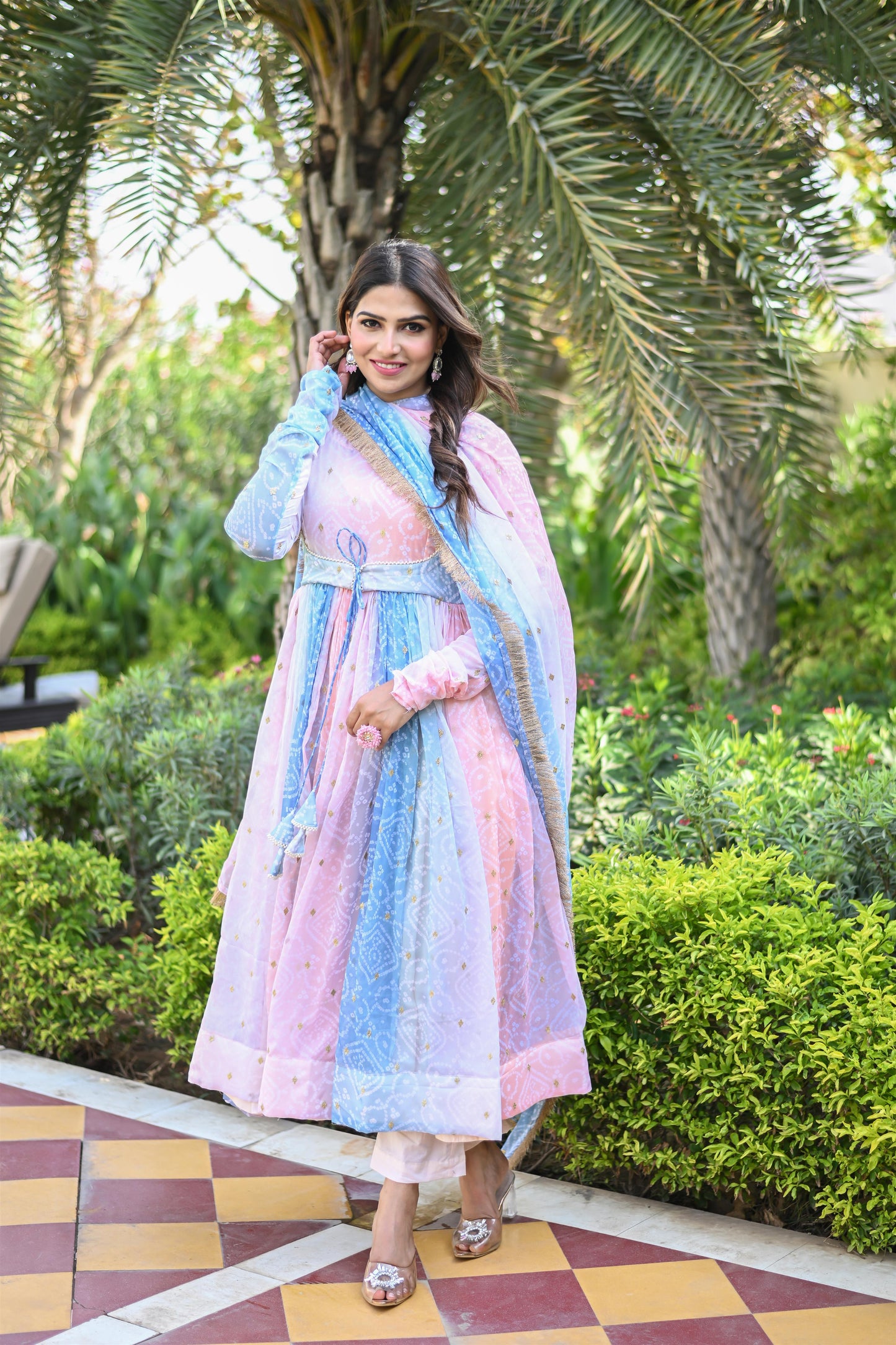MULTI BHANDEJ ANARKALI SUIT SET