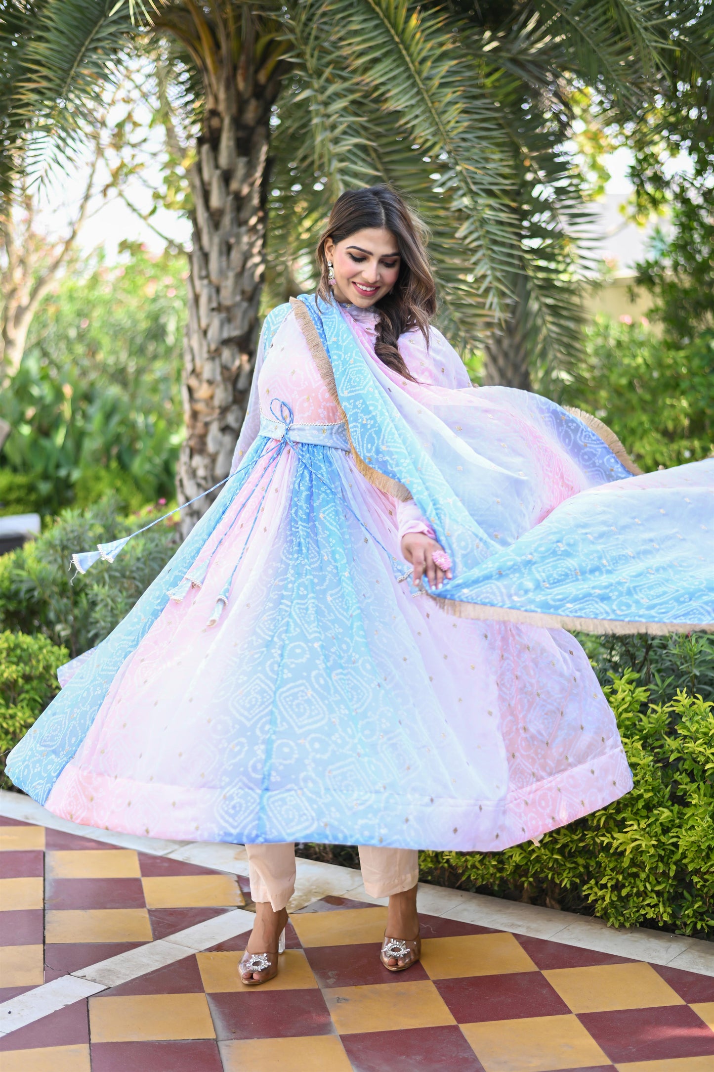 MULTI BHANDEJ ANARKALI SUIT SET