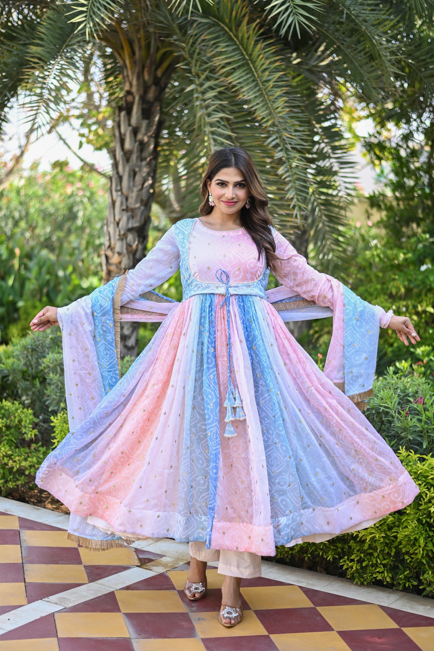 MULTI BHANDEJ ANARKALI SUIT SET