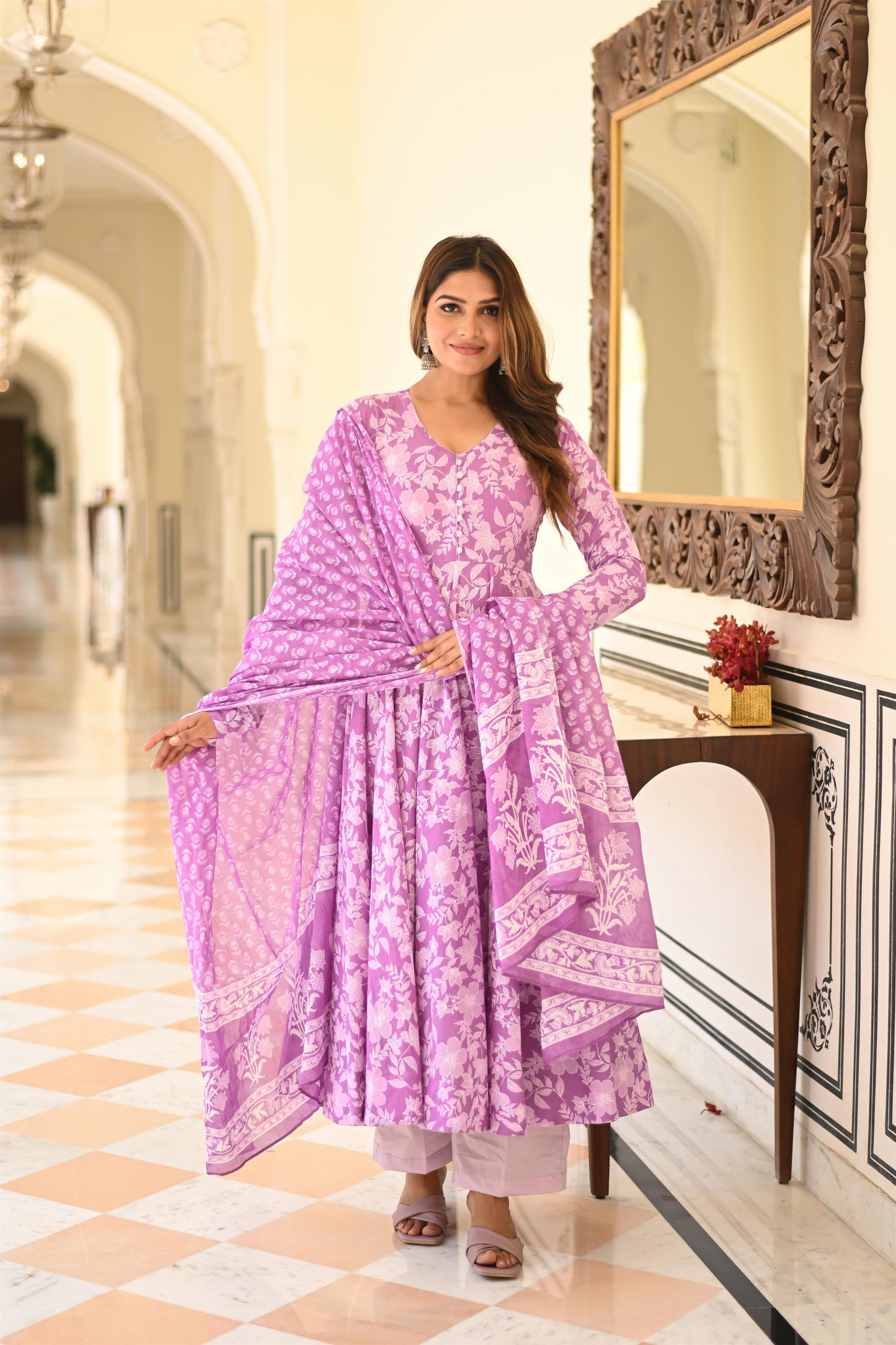 PRINTED PURPLE ANARKALI SUIT SET