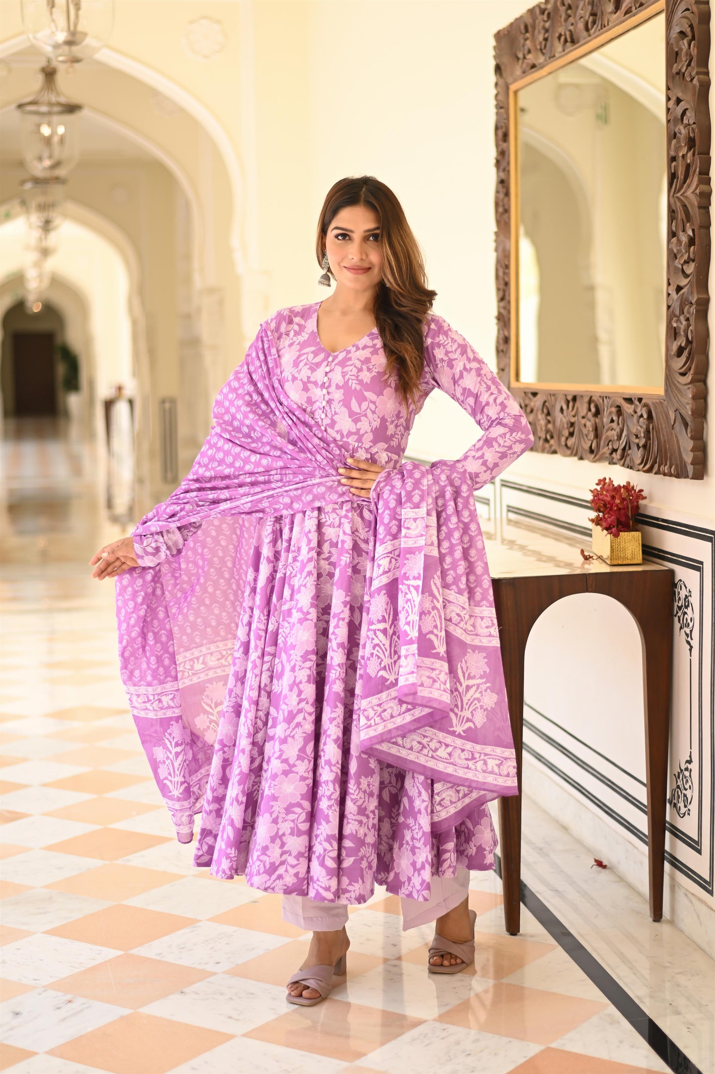 PRINTED PURPLE ANARKALI SUIT SET