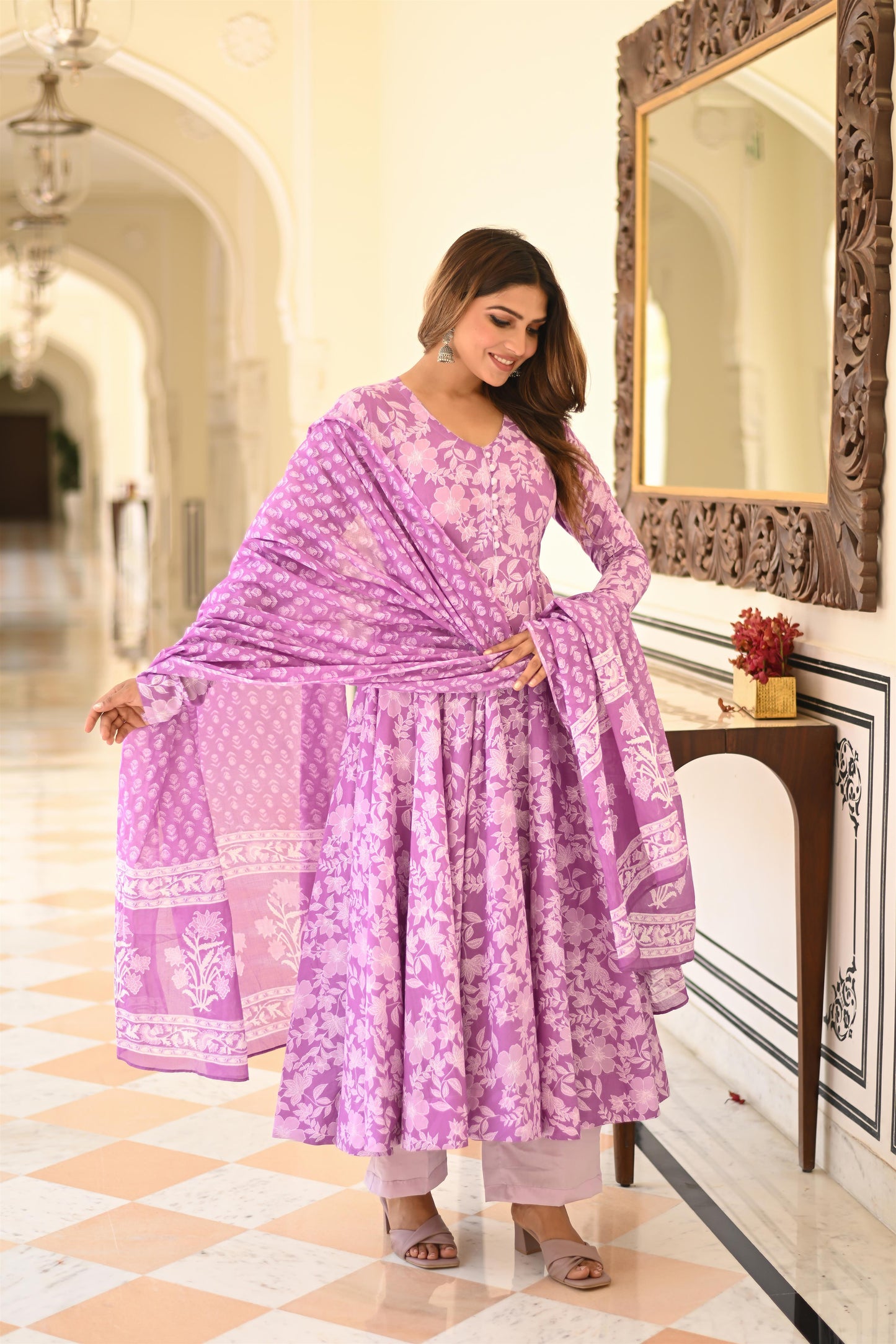 PRINTED PURPLE ANARKALI SUIT SET