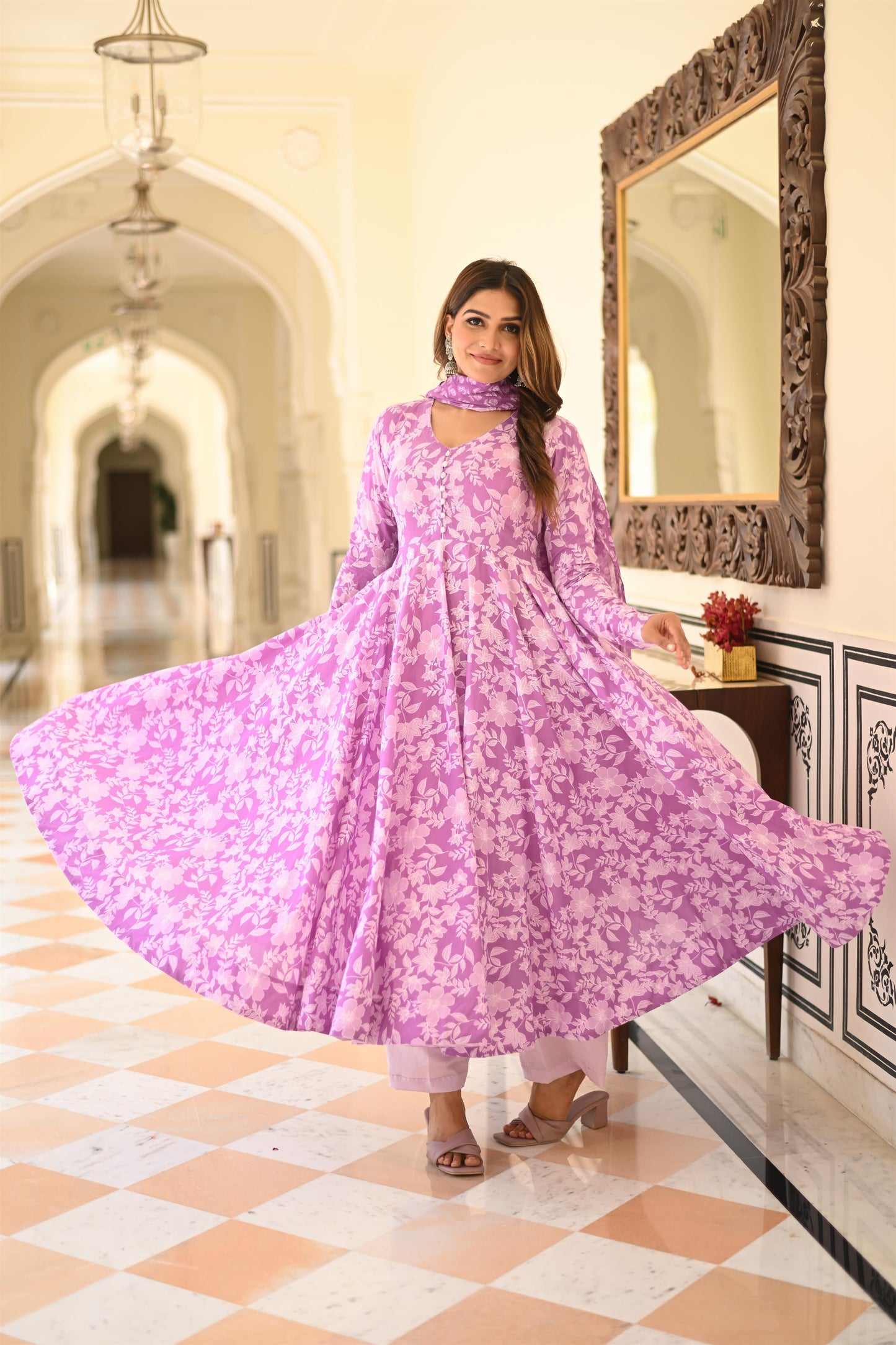 PRINTED PURPLE ANARKALI SUIT SET