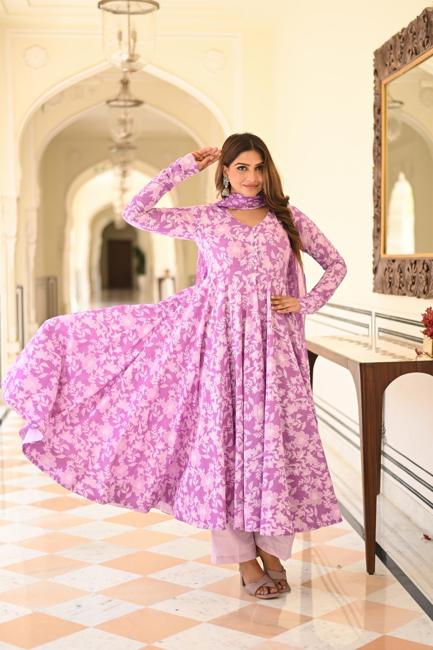 PRINTED PURPLE ANARKALI SUIT SET