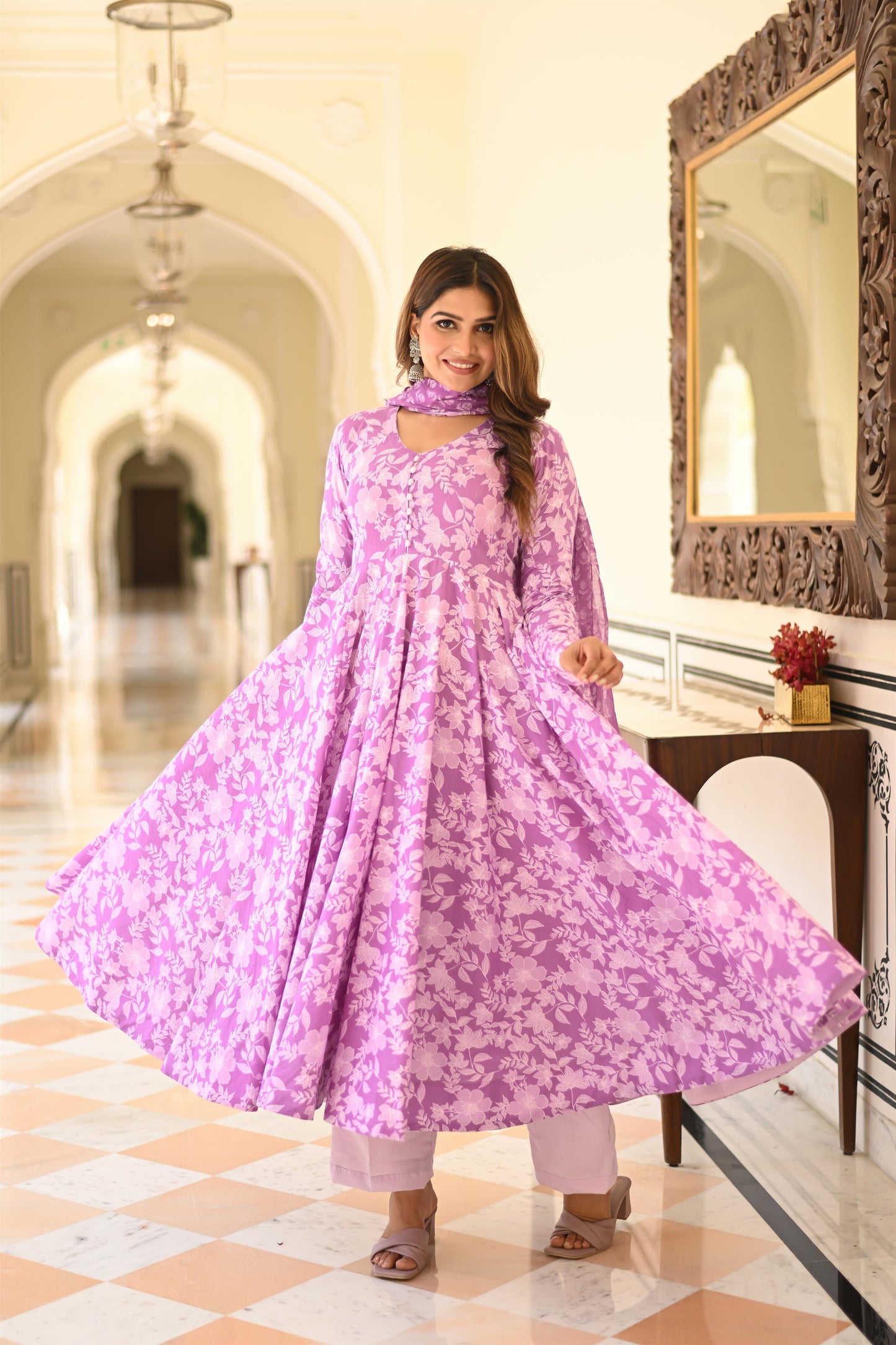 PRINTED PURPLE ANARKALI SUIT SET