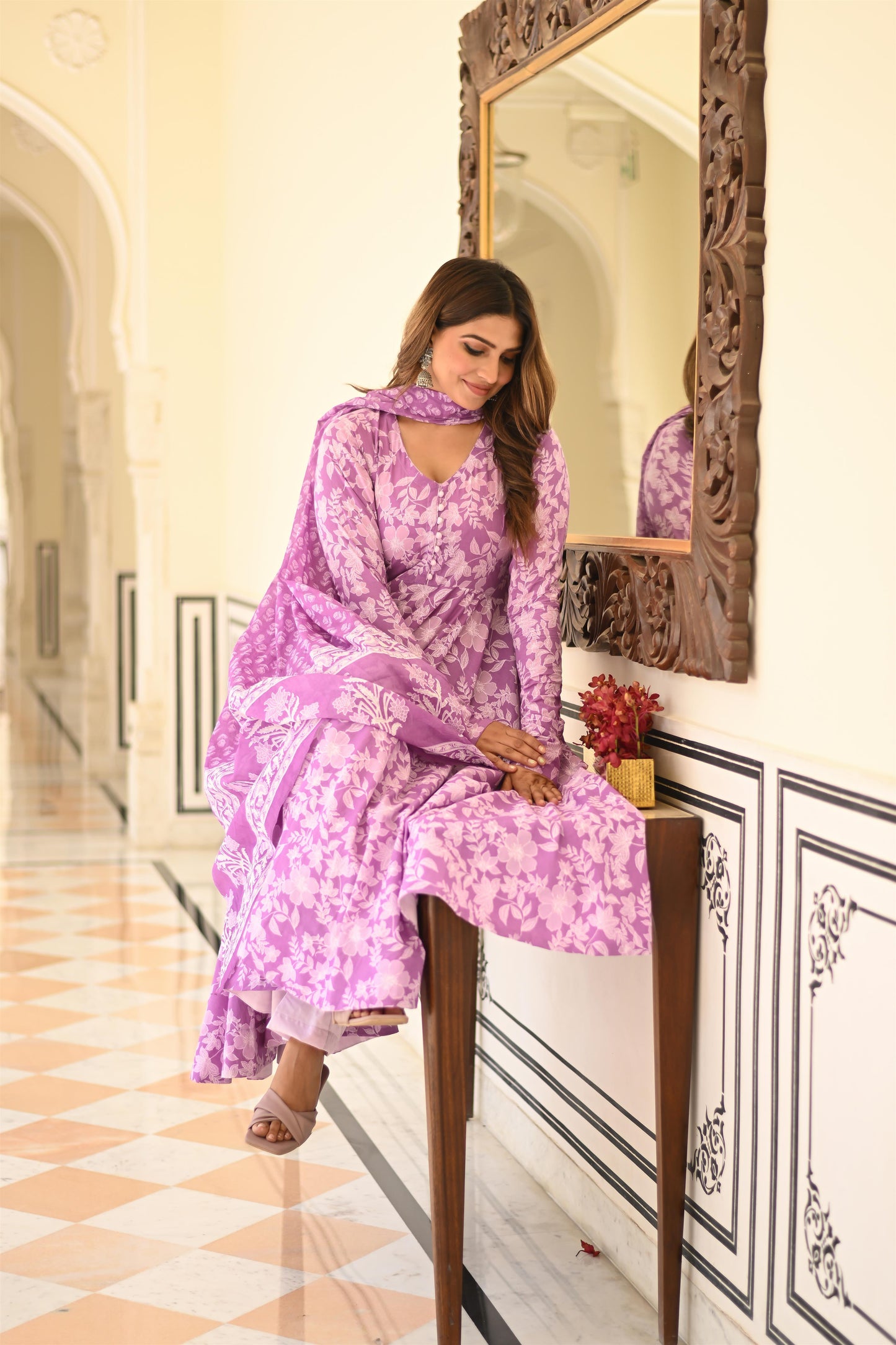 PRINTED PURPLE ANARKALI SUIT SET