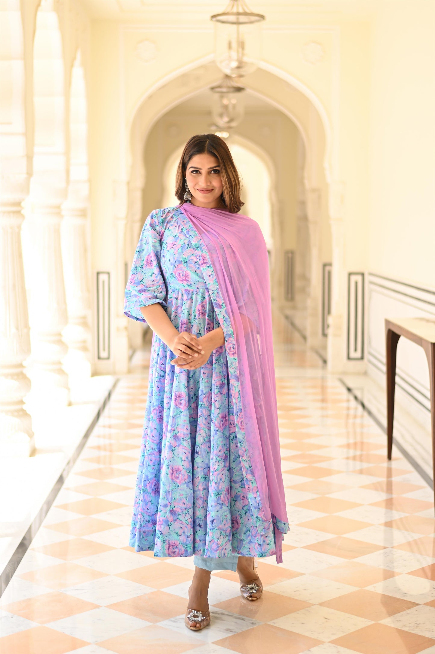 LAVENDER MARBLING ANARKALI SUIT SET