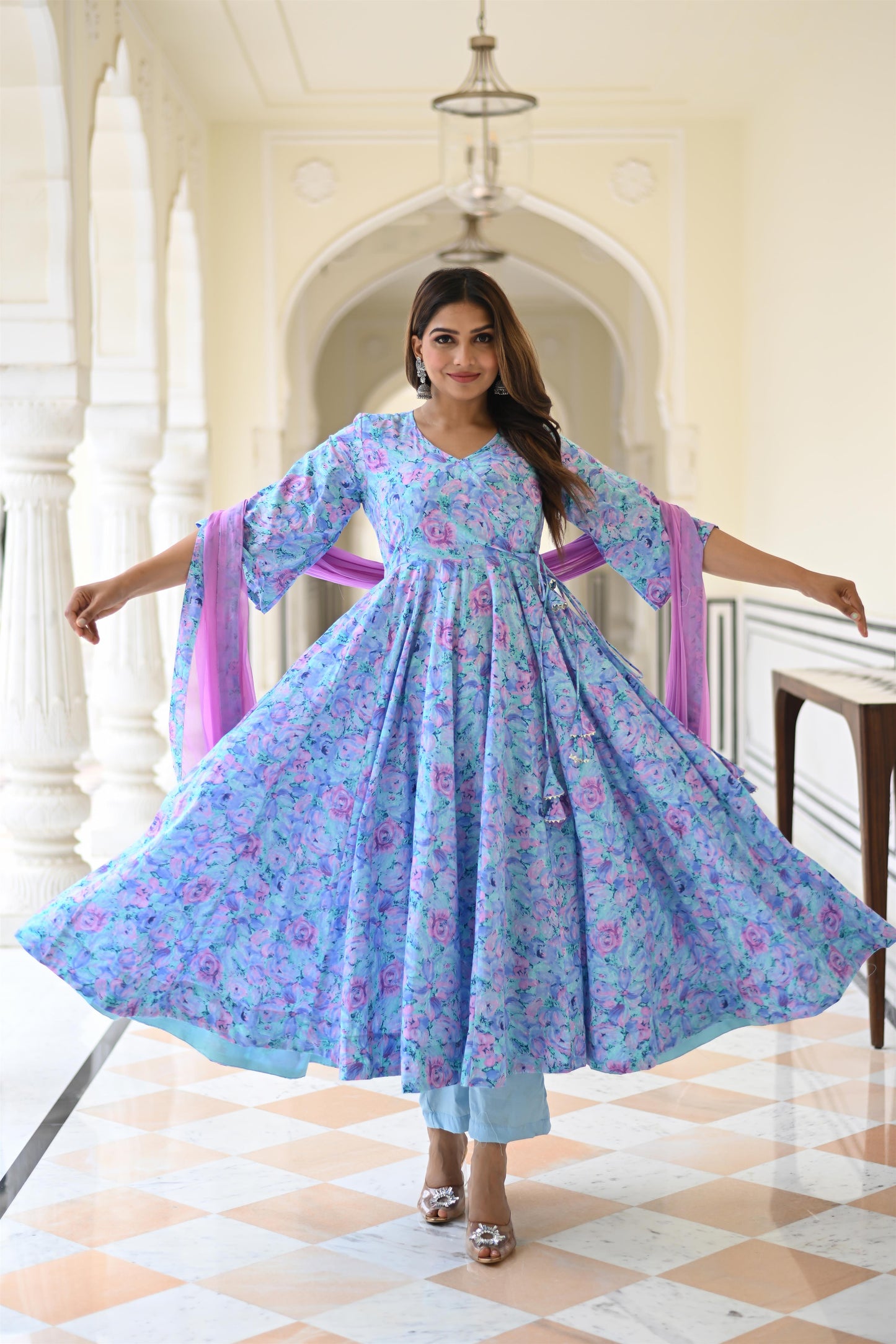 LAVENDER MARBLING ANARKALI SUIT SET