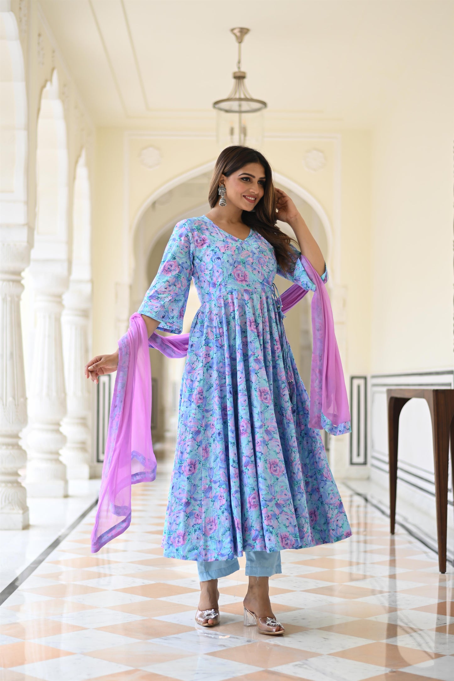 LAVENDER MARBLING ANARKALI SUIT SET
