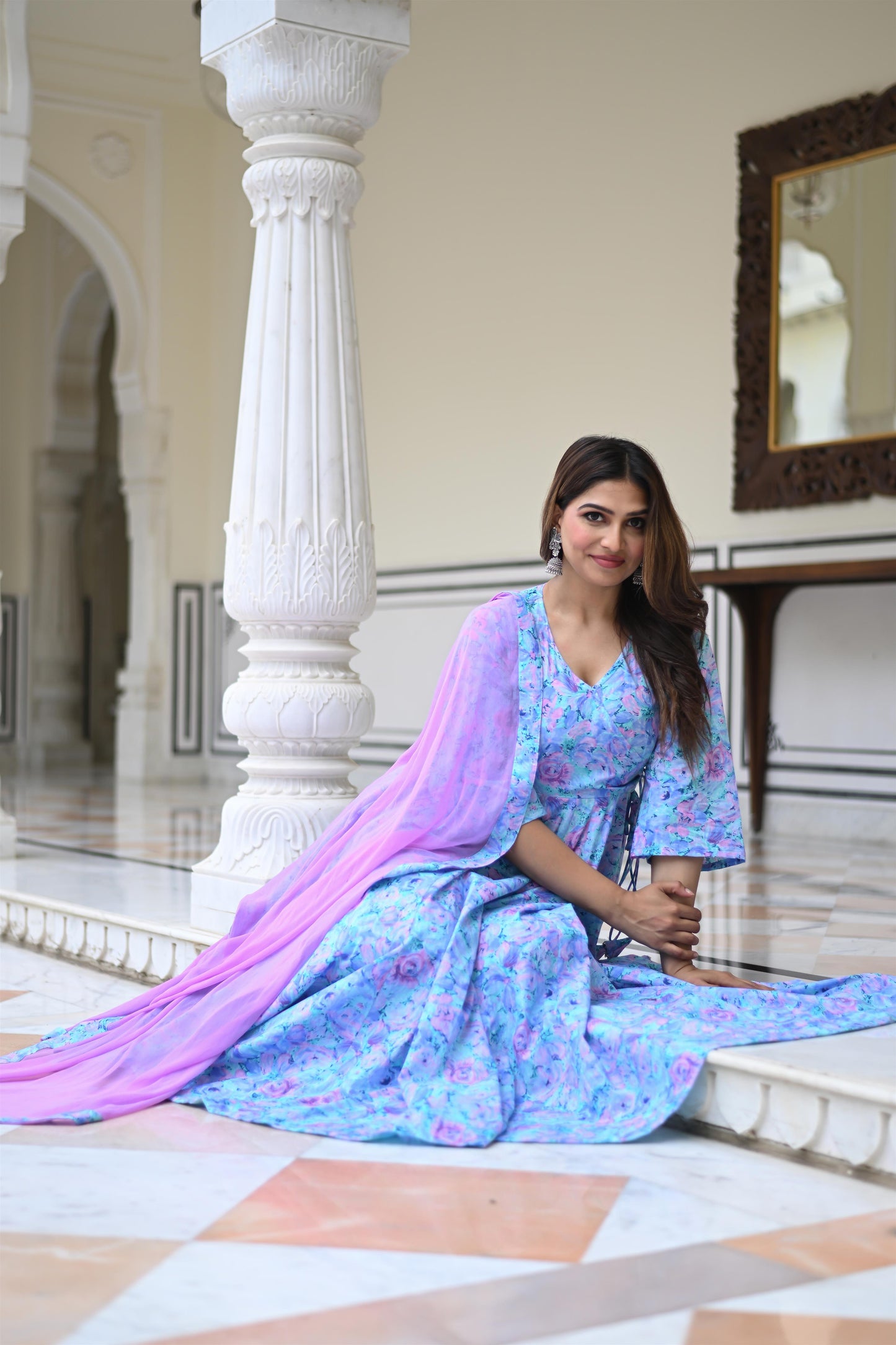LAVENDER MARBLING ANARKALI SUIT SET