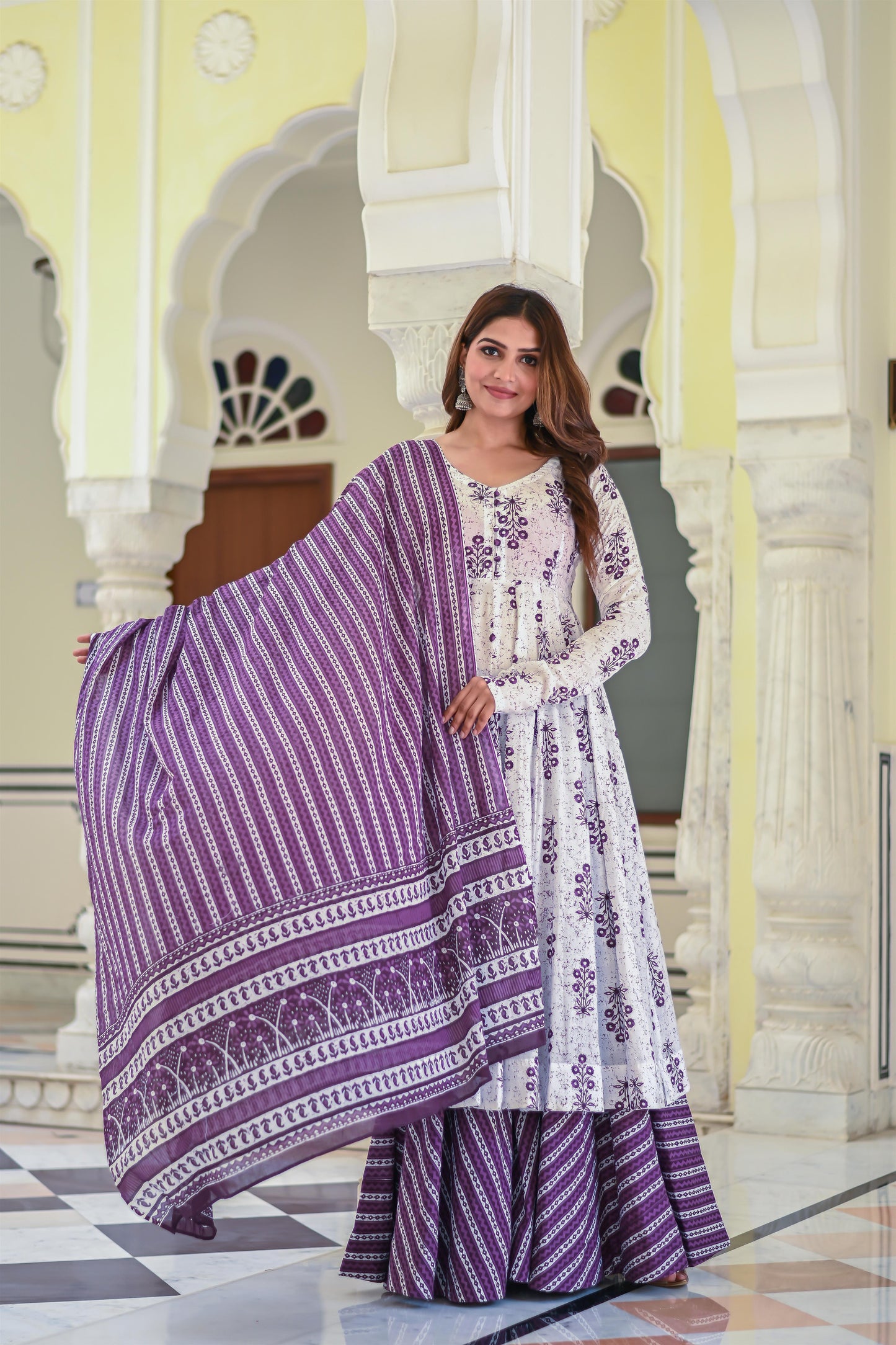 PURPLE PRINTED ANARKALI WITH SHARARA SET