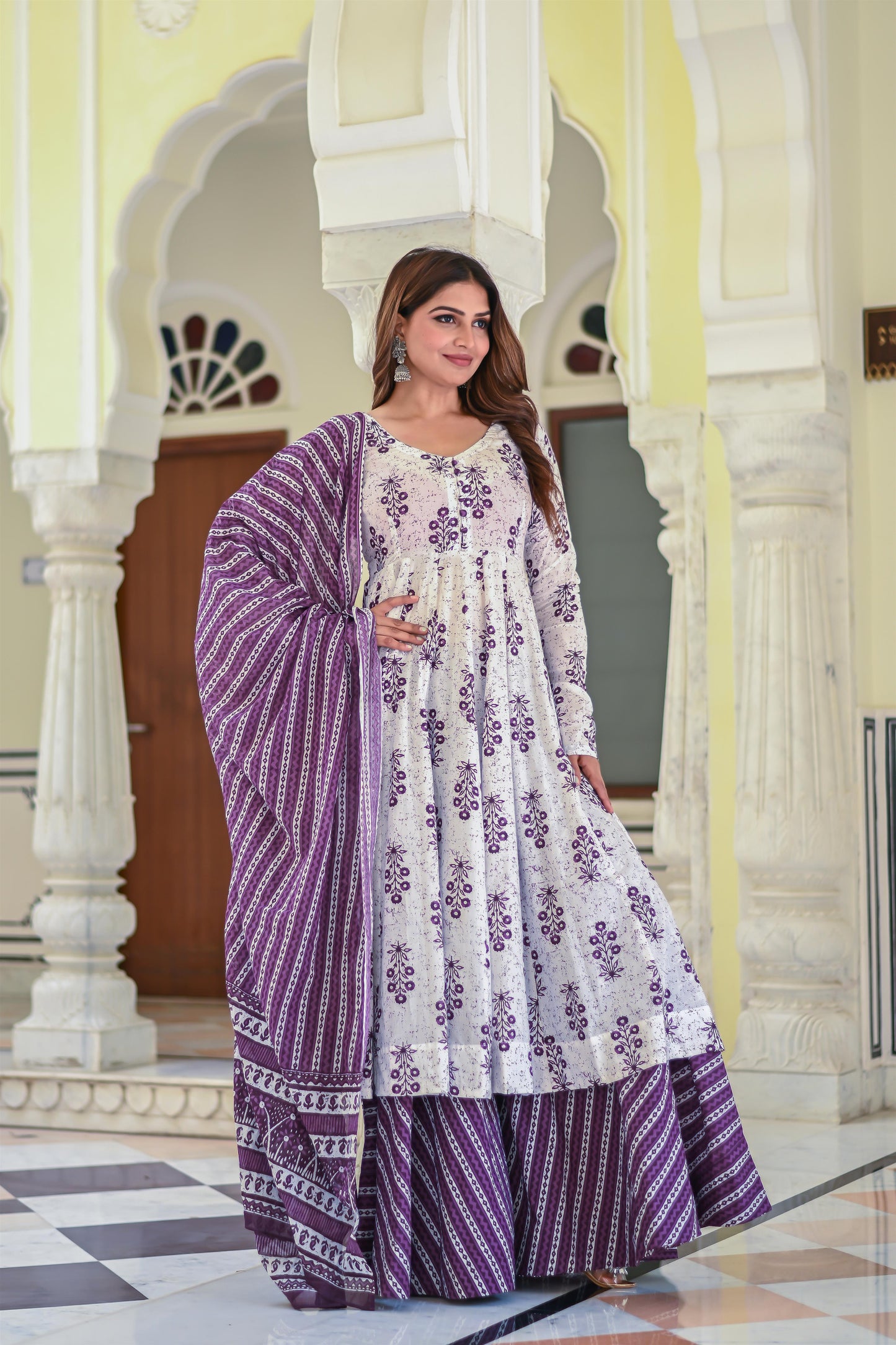 PURPLE PRINTED ANARKALI WITH SHARARA SET
