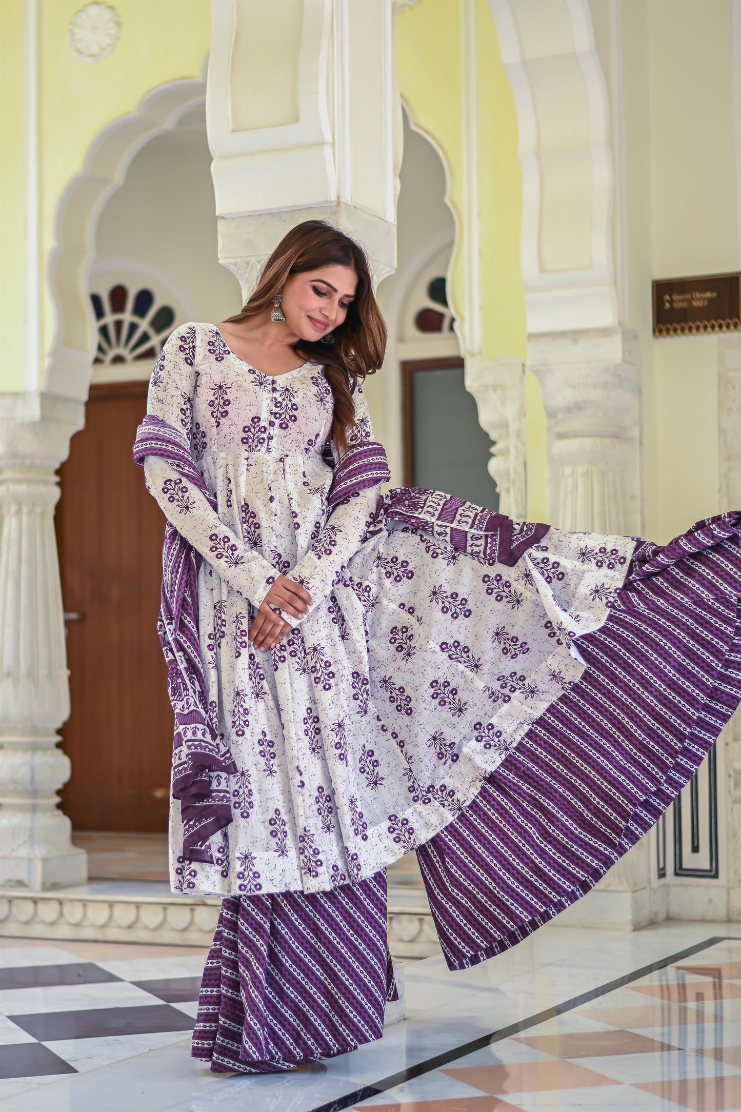 PURPLE PRINTED ANARKALI WITH SHARARA SET
