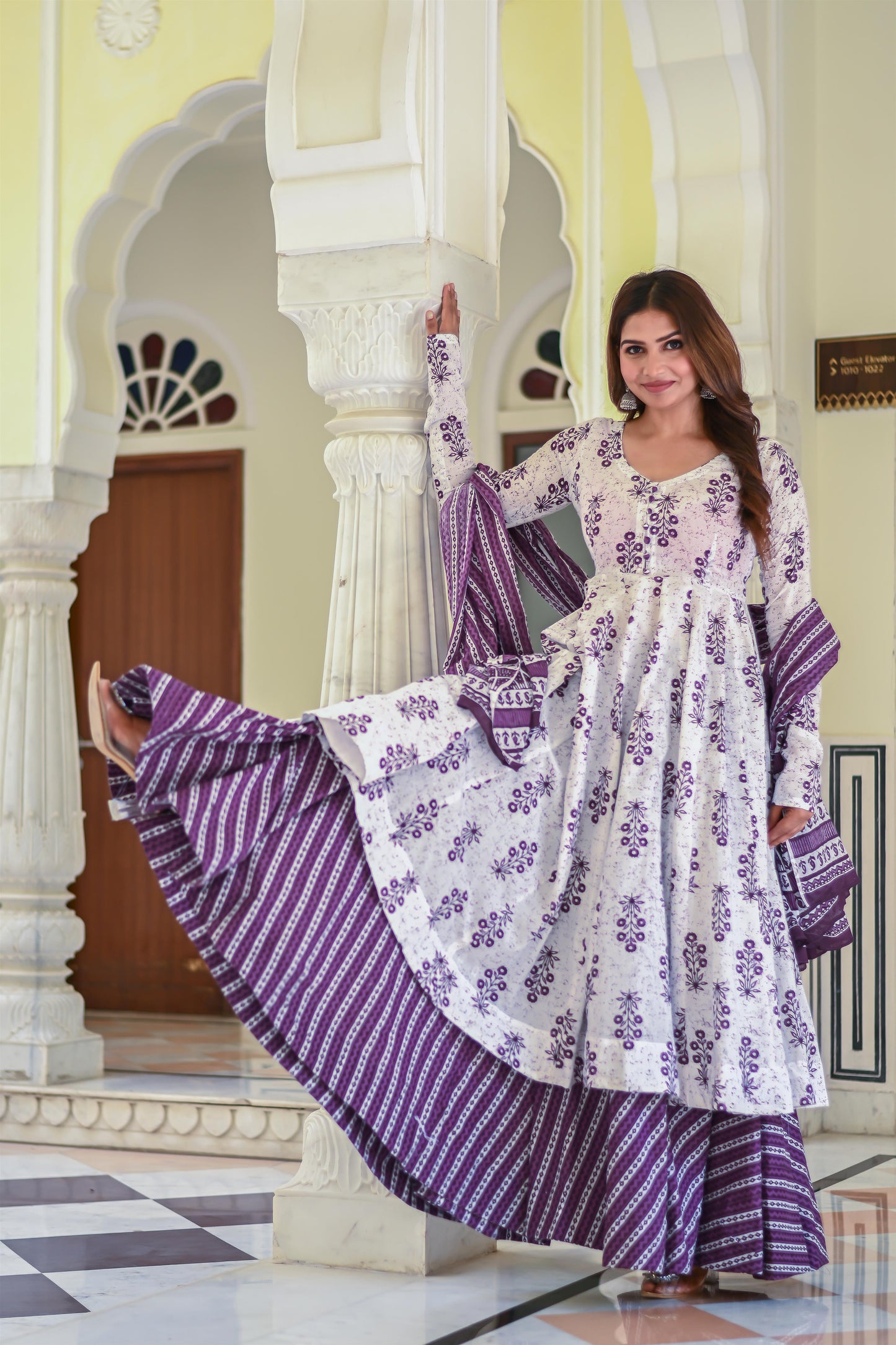 PURPLE PRINTED ANARKALI WITH SHARARA SET