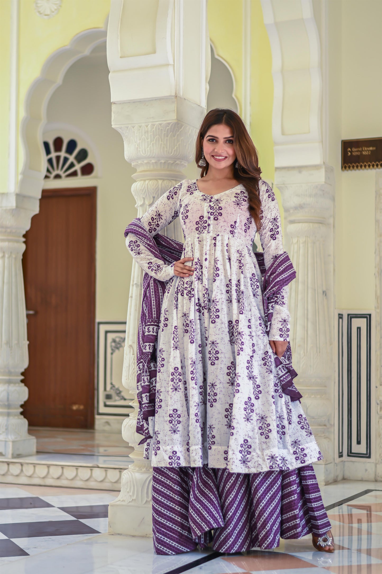 PURPLE PRINTED ANARKALI WITH SHARARA SET