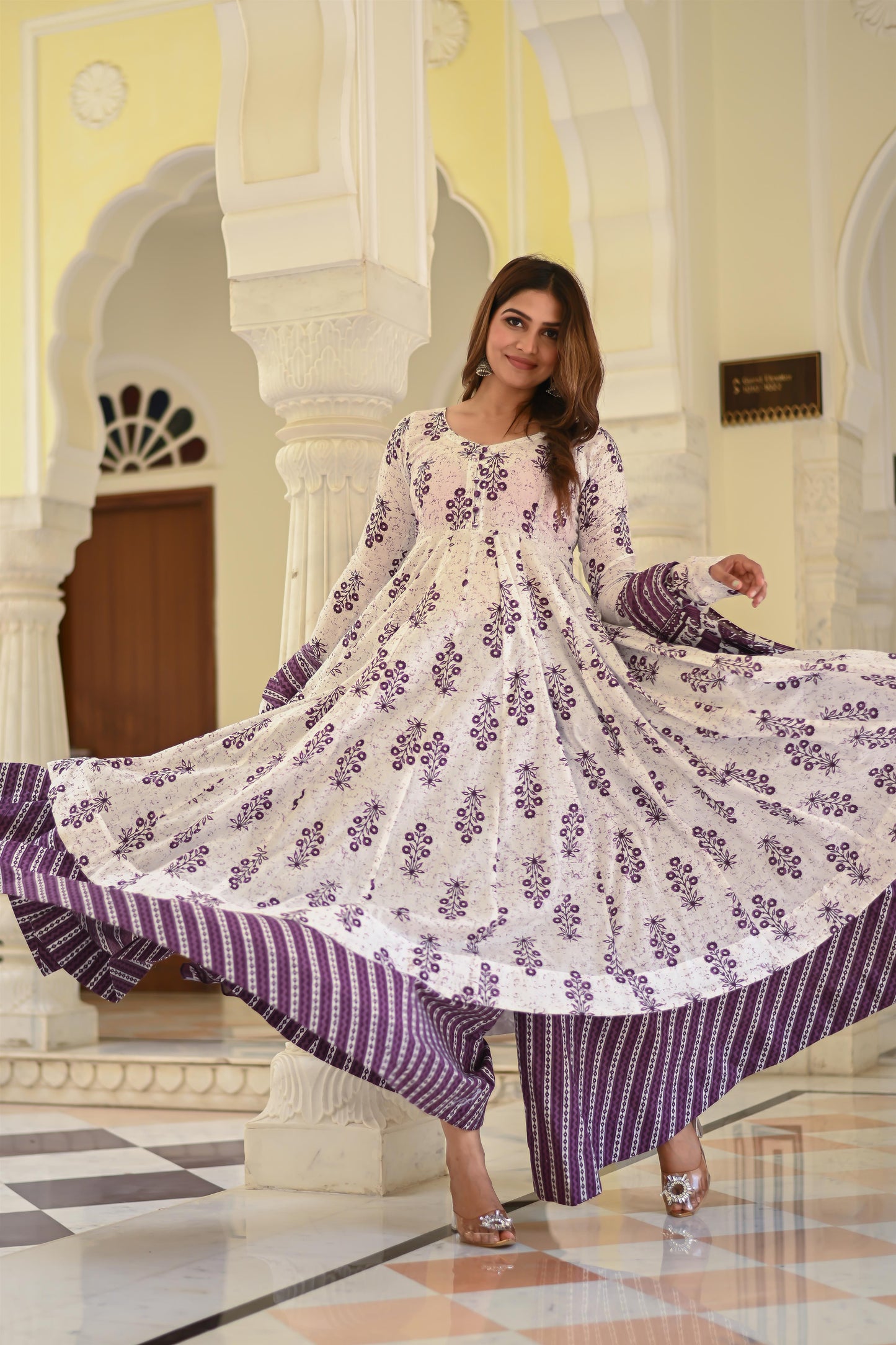 PURPLE PRINTED ANARKALI WITH SHARARA SET