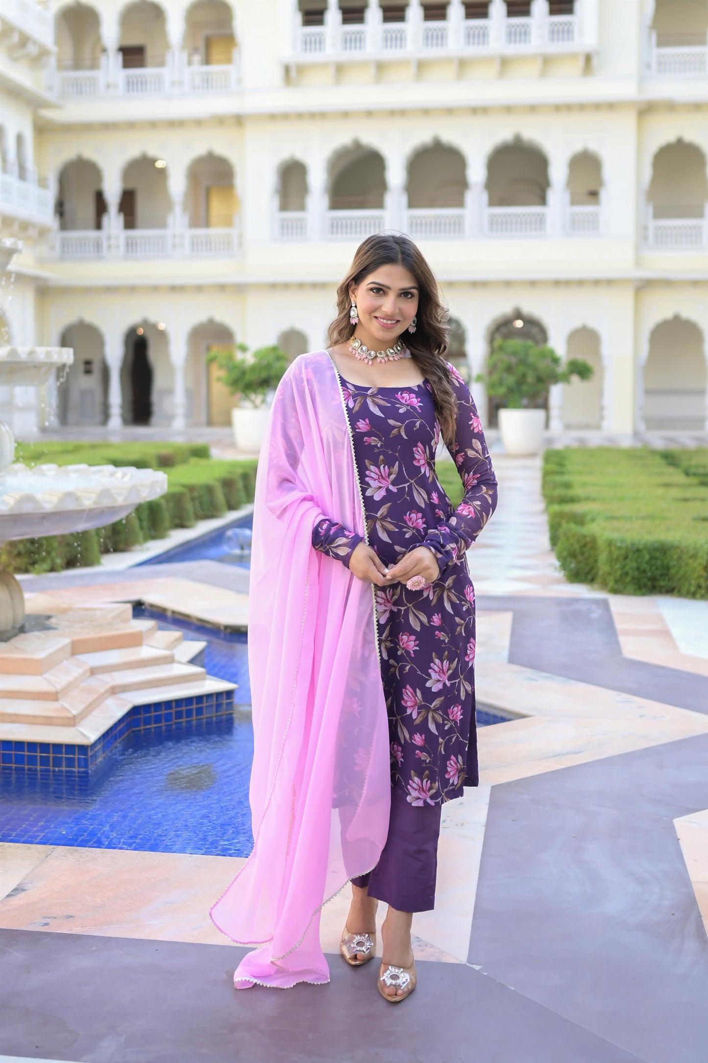 PURPLE PRINTED STRAIGHT SUIT SET