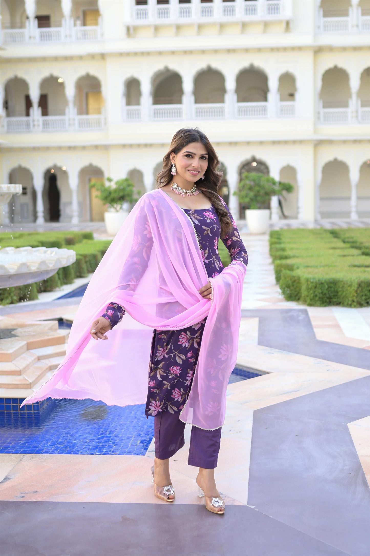 PURPLE PRINTED STRAIGHT SUIT SET
