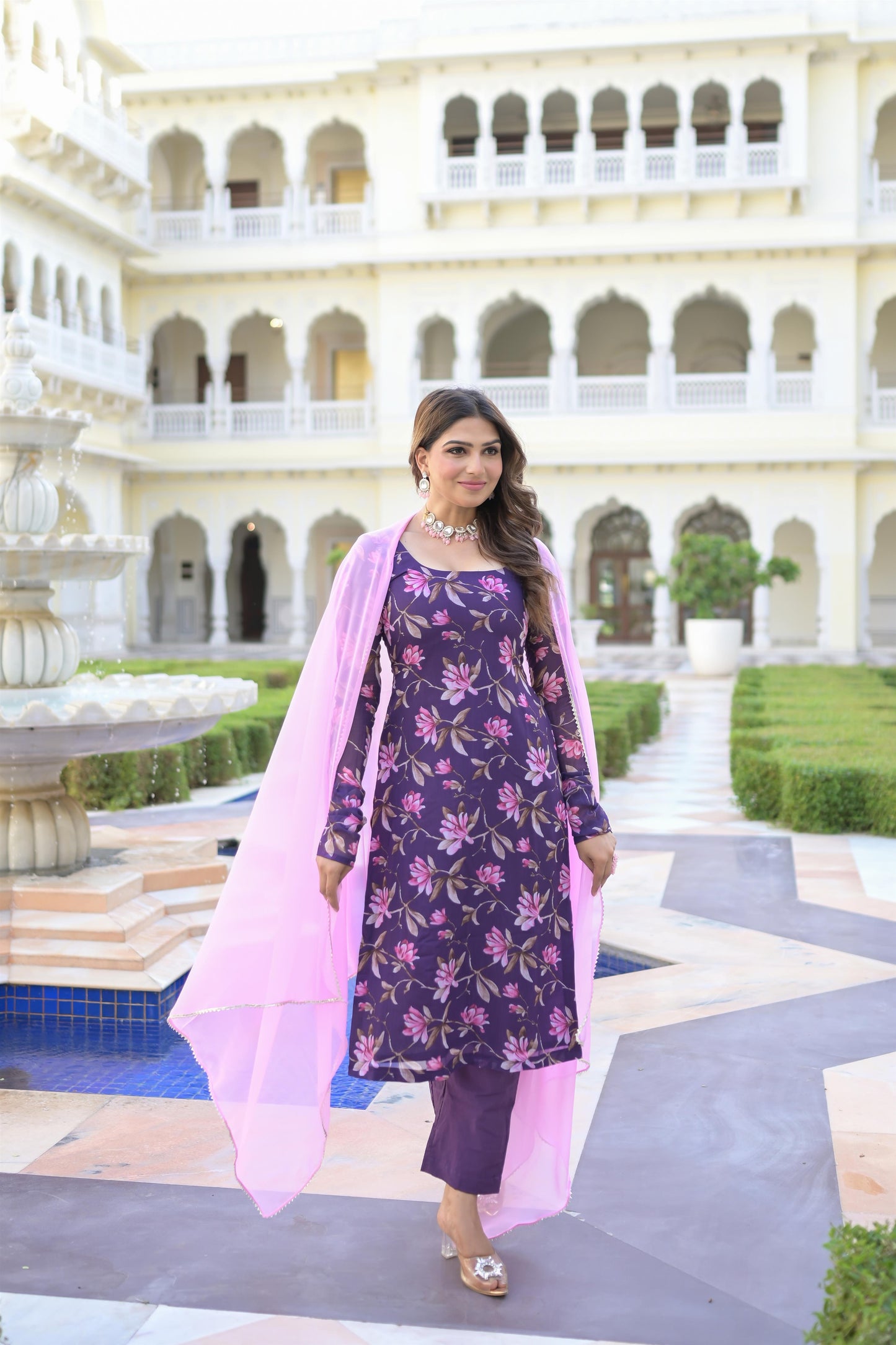 PURPLE PRINTED STRAIGHT SUIT SET