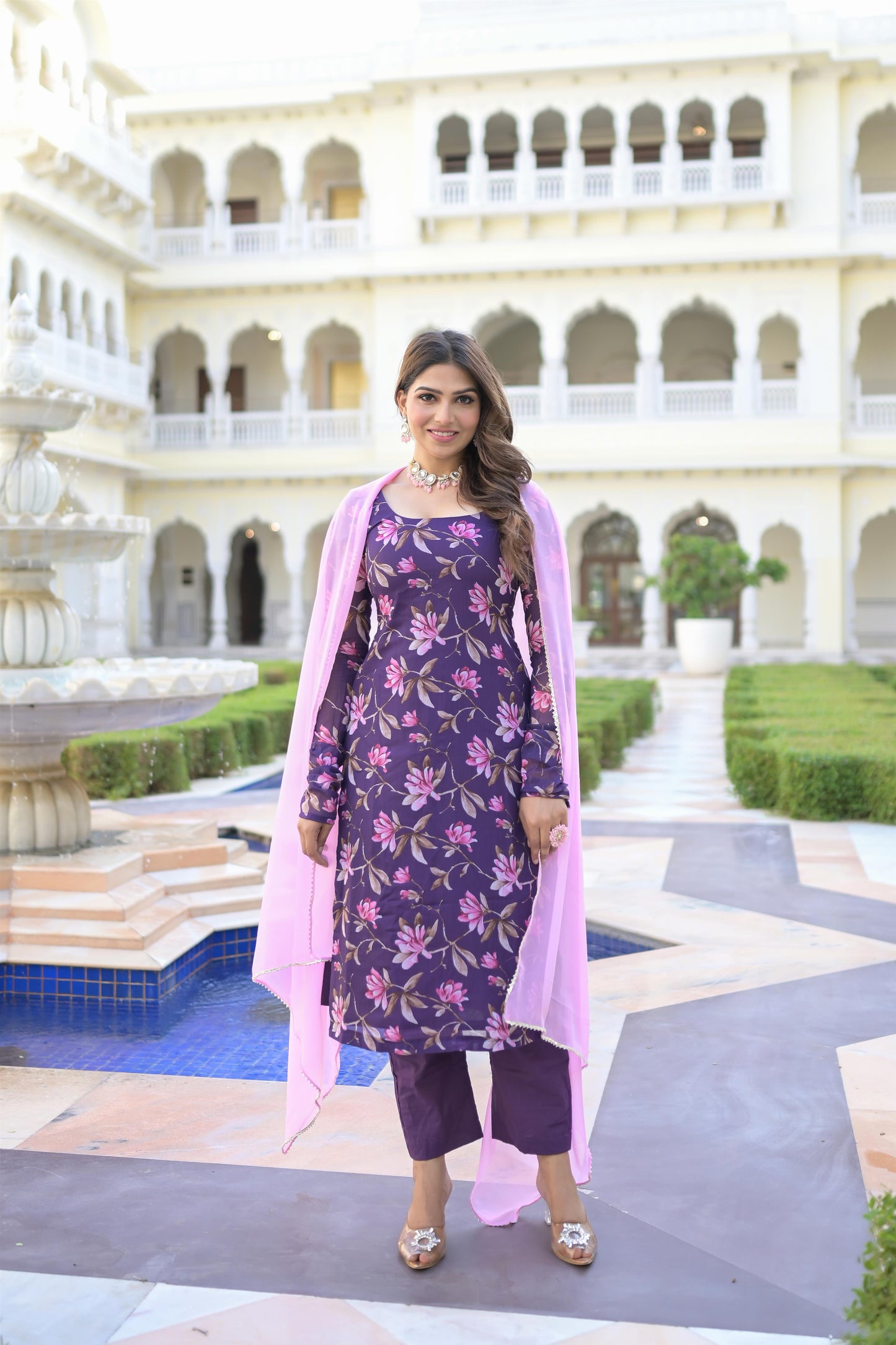 PURPLE PRINTED STRAIGHT SUIT SET