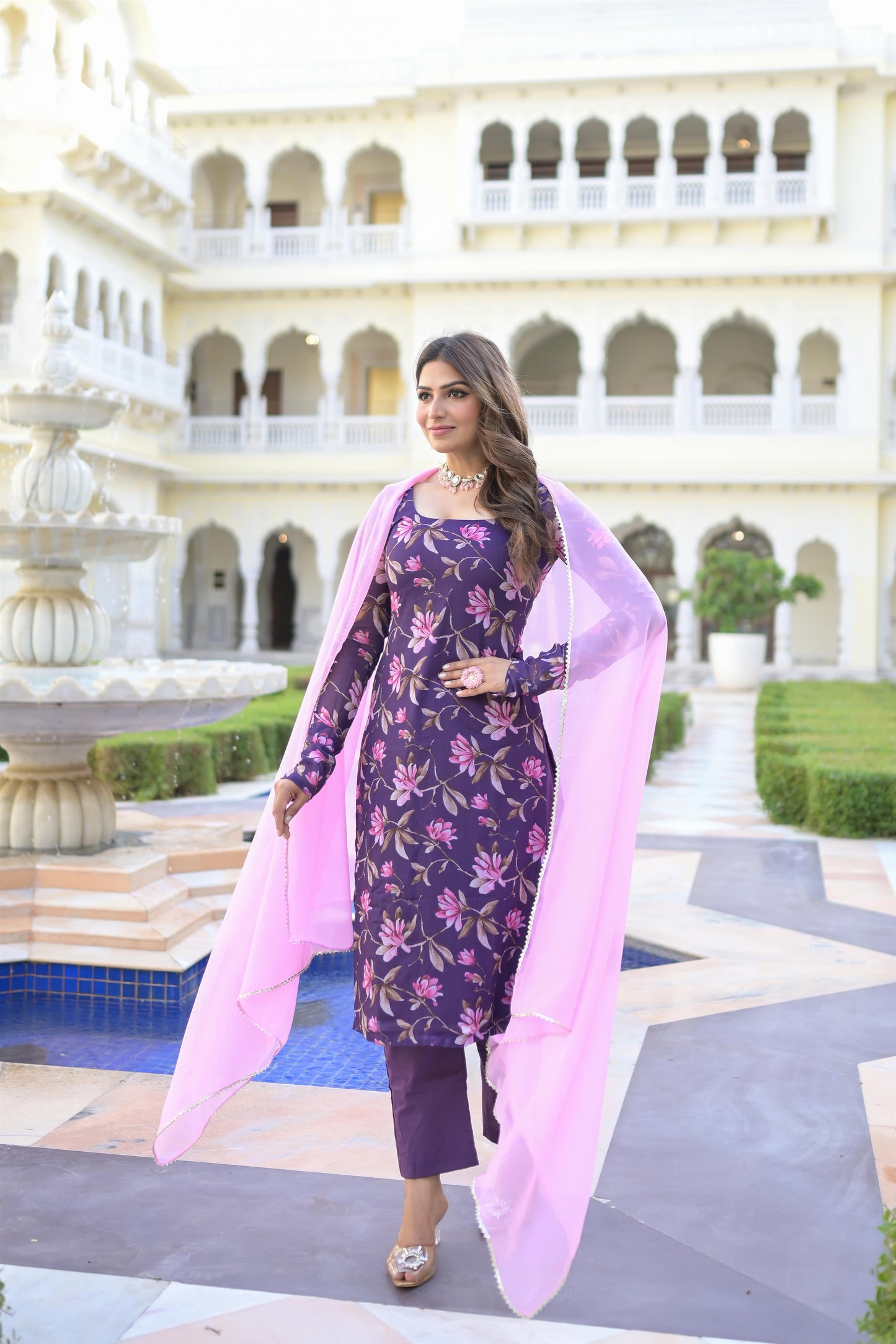 PURPLE PRINTED STRAIGHT SUIT SET