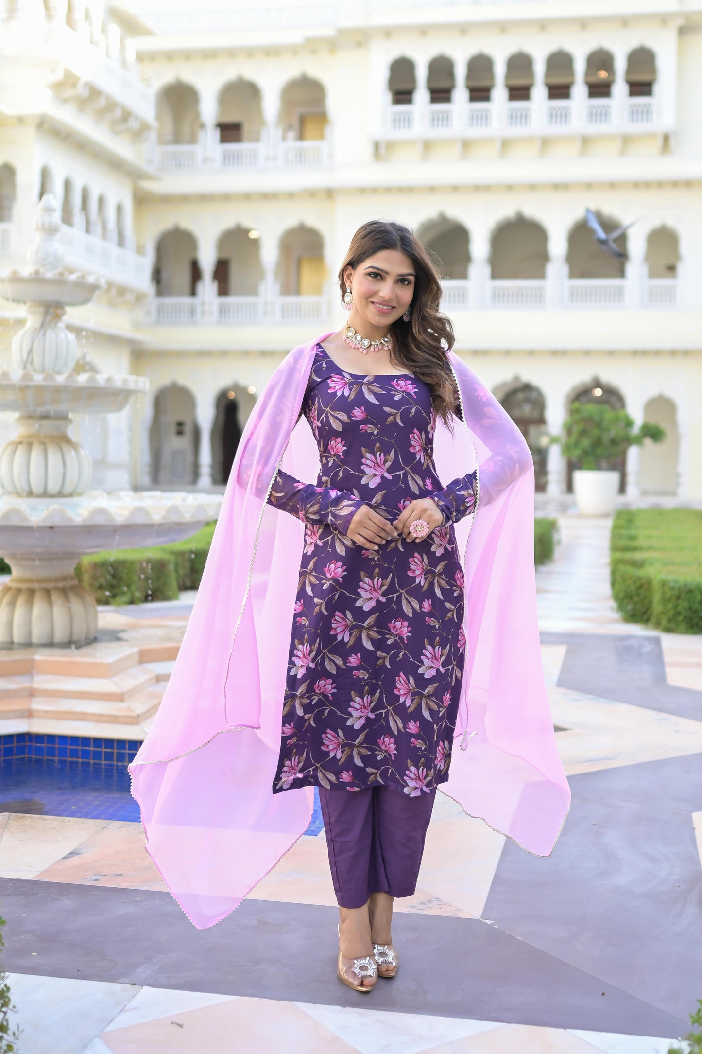 PURPLE PRINTED STRAIGHT SUIT SET
