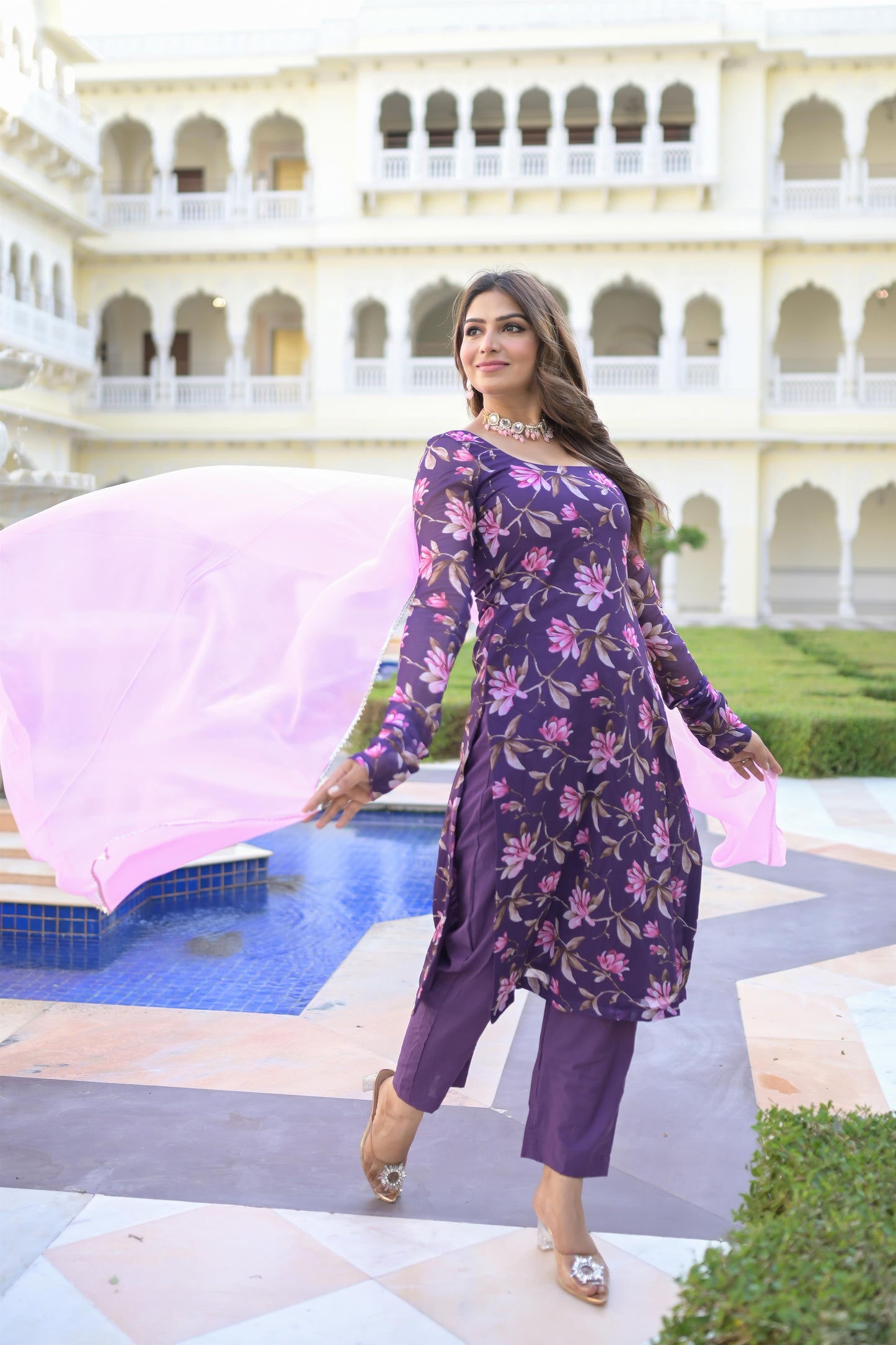 PURPLE PRINTED STRAIGHT SUIT SET