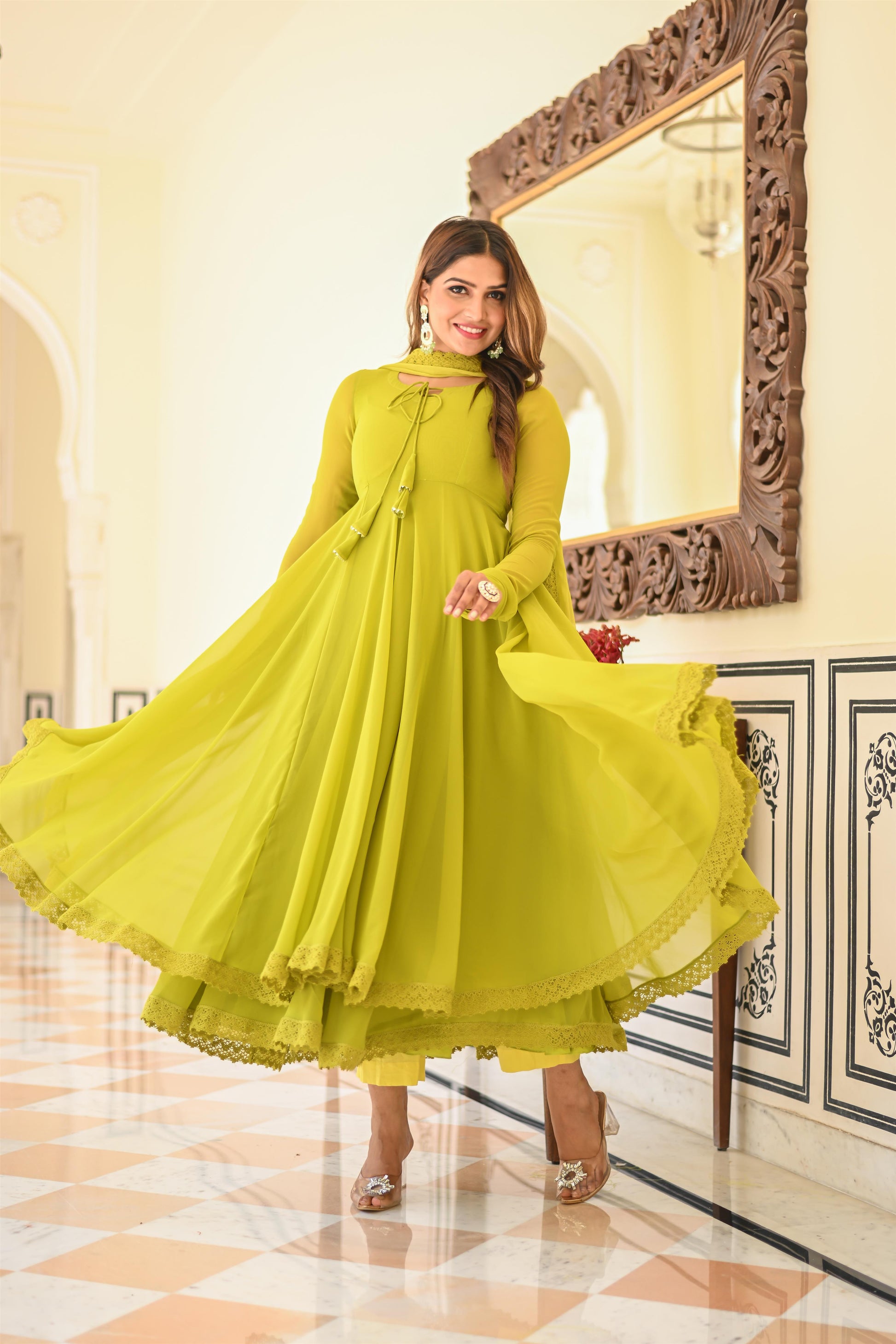 green colour anarkali dress Mulberry silk designer peacock green anarkali suit